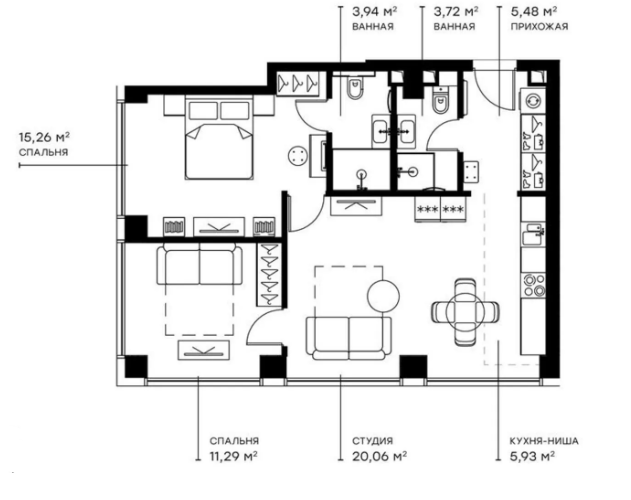 Планировка — Симфония 34, 3-комн., 66 м²