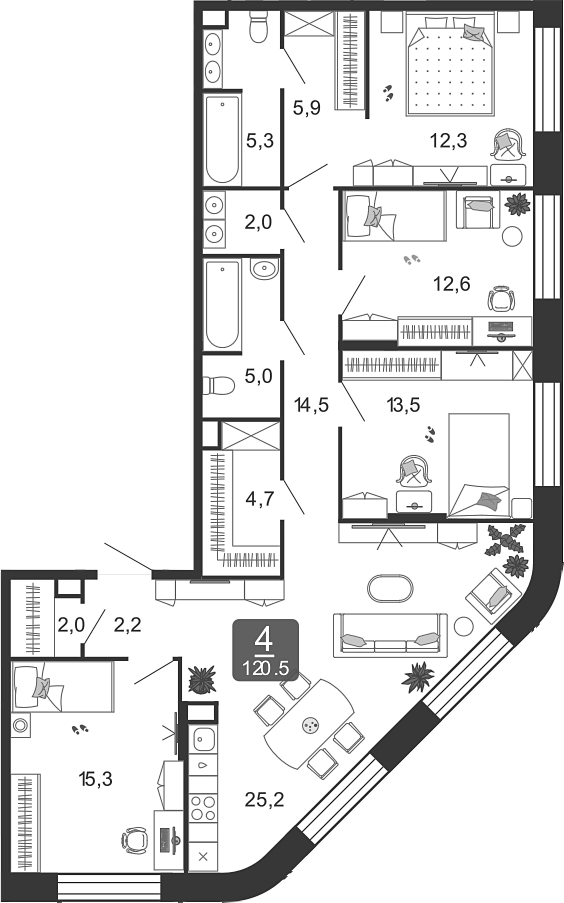 Планировка — Shagal, 5-комн., 121 м²