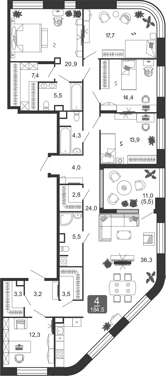 Планировка — Shagal, 5-комн., 179 м²