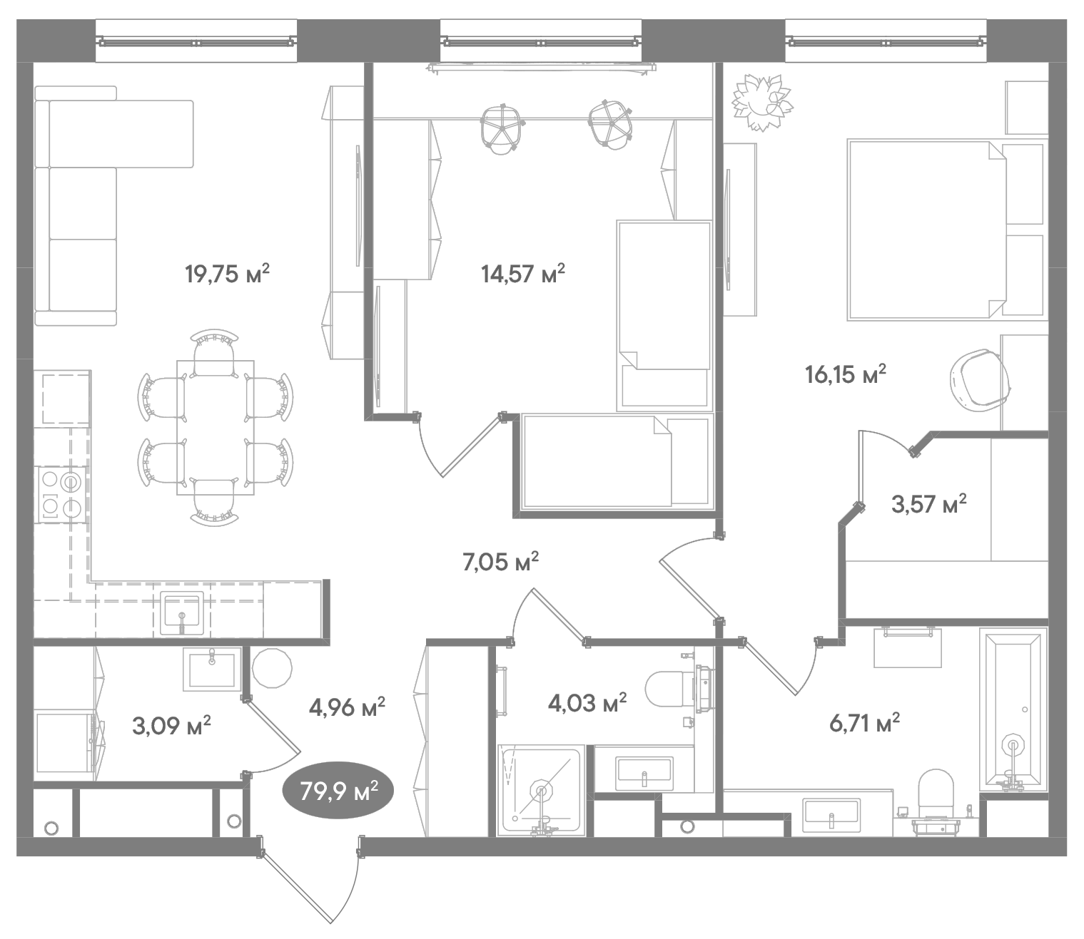 Планировка — Клубный дом D'ORO MILLE, 3-комн., 80 м²