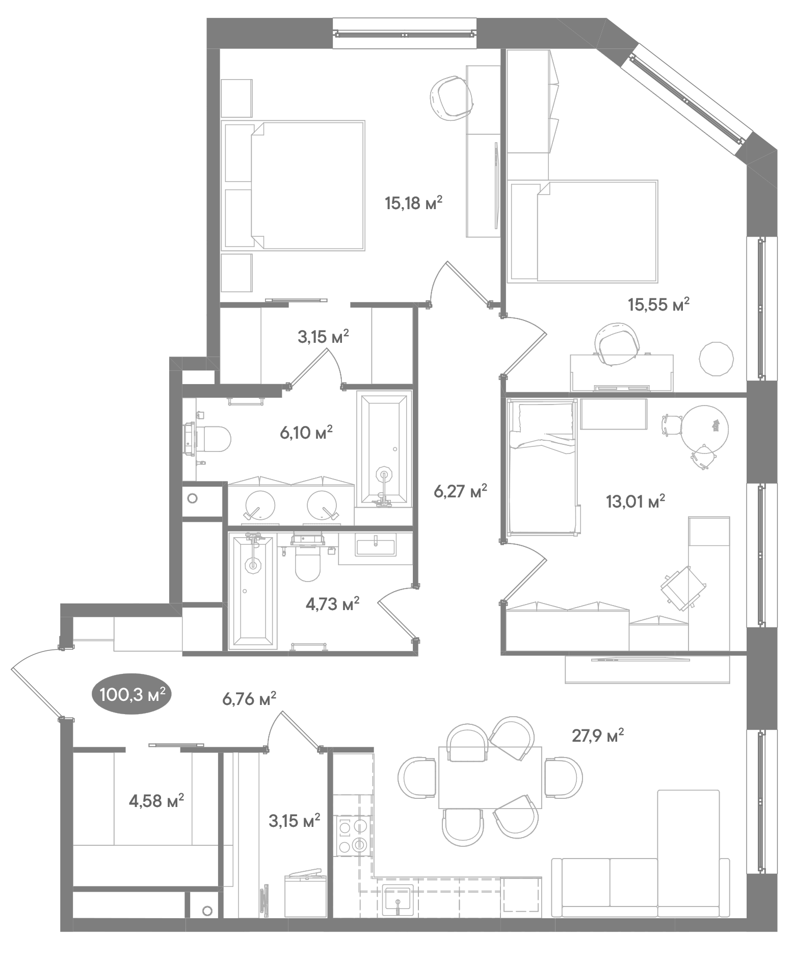 Планировка — Клубный дом D'ORO MILLE, 4-комн., 100 м²