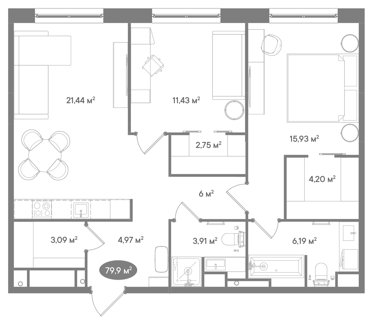 Планировка — Клубный дом D'ORO MILLE, 3-комн., 80 м²