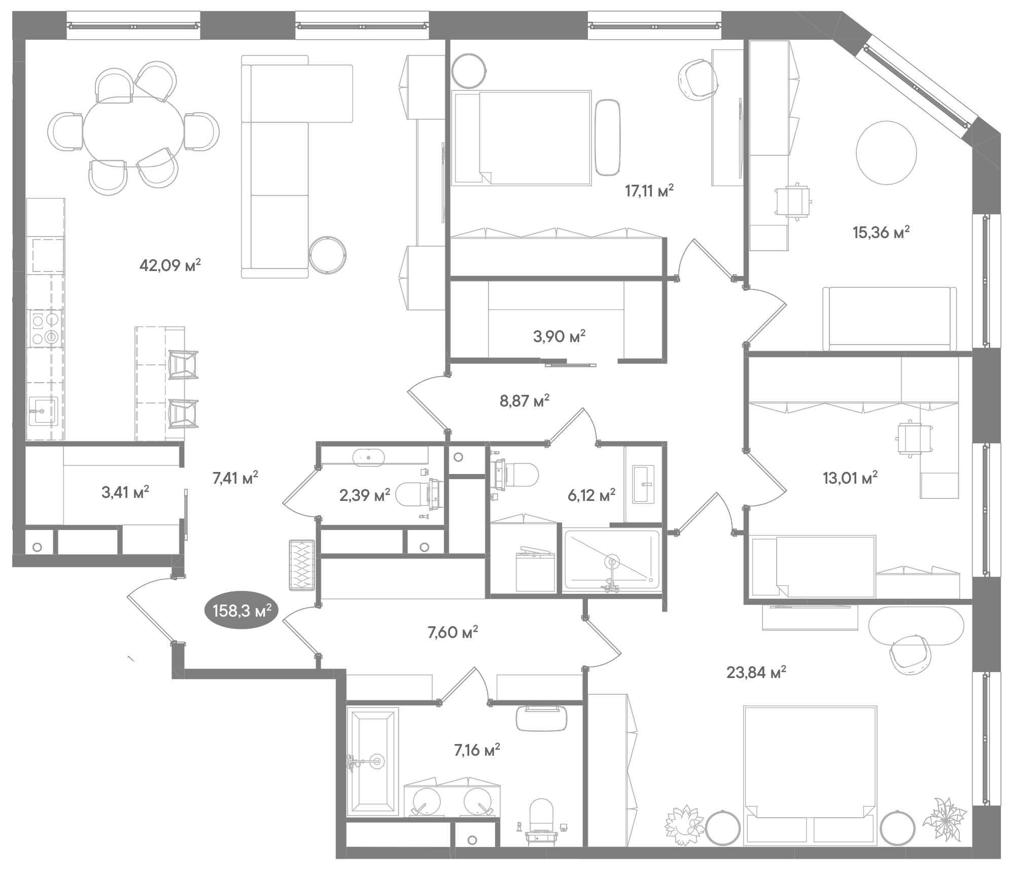 Планировка — Клубный дом D'ORO MILLE, 5-комн., 158 м²