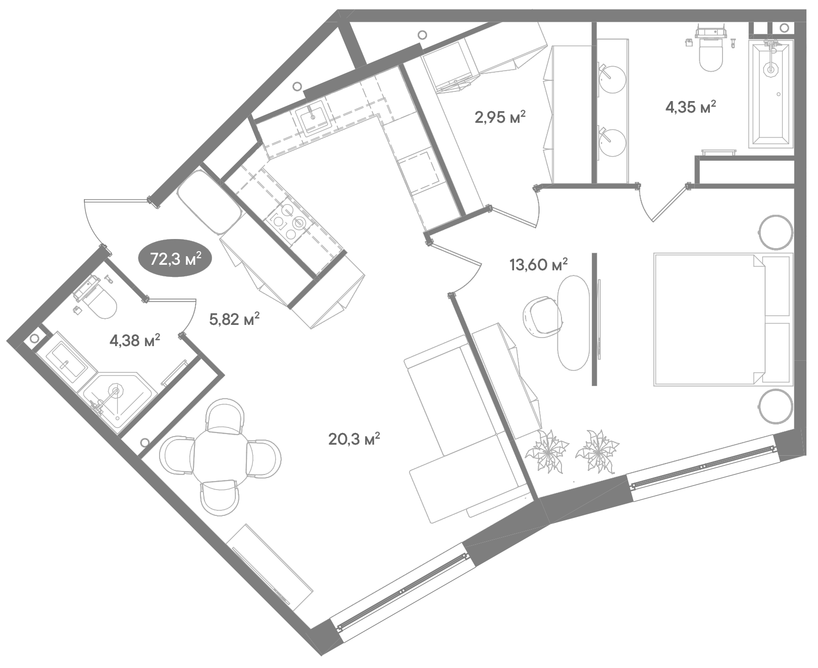 Планировка — Клубный дом D'ORO MILLE, 2-комн., 72 м²