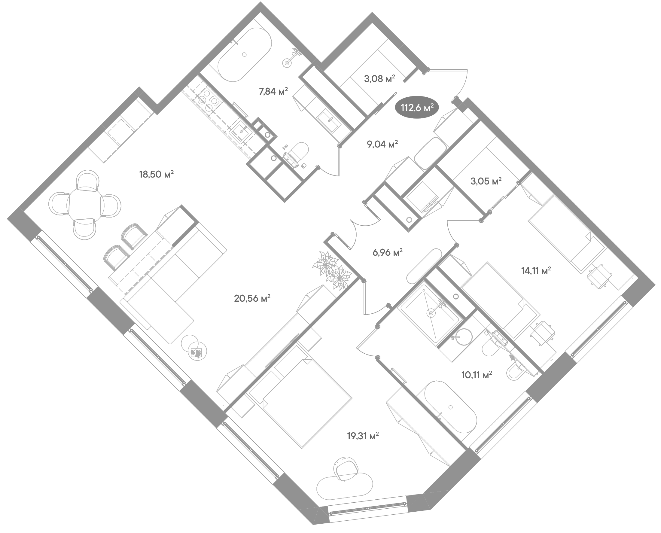 Планировка — Клубный дом D'ORO MILLE, 3-комн., 113 м²