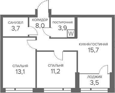 Планировка — Champine, 3-комн., 56 м²