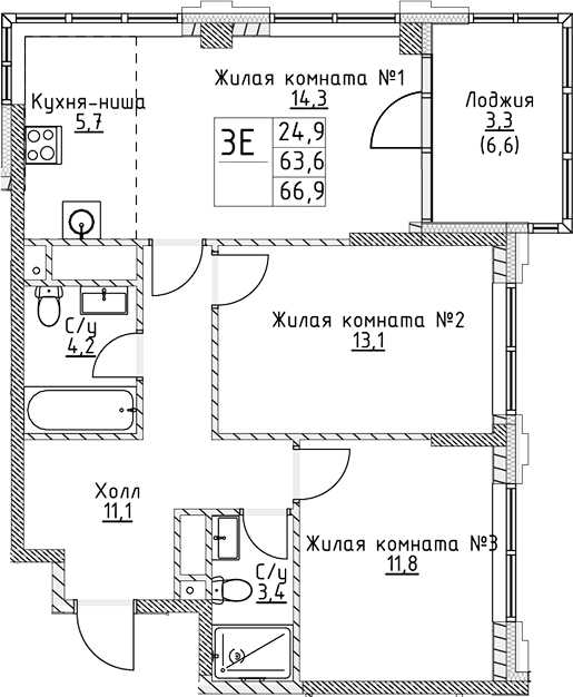Планировка — VERY на Миклухо-Маклая, 3-комн., 64 м²