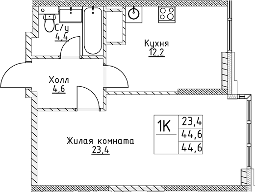 Планировка — VERY на Миклухо-Маклая, 1-комн., 45 м²