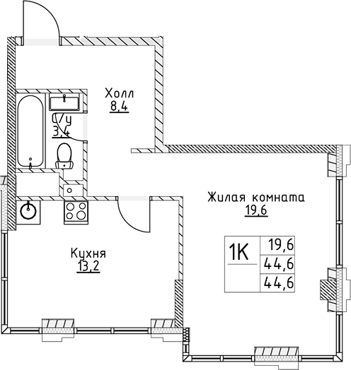 Планировка — VERY на Миклухо-Маклая, 1-комн., 45 м²