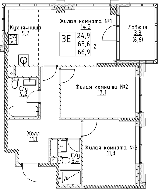 Планировка — VERY на Миклухо-Маклая, 3-комн., 64 м²