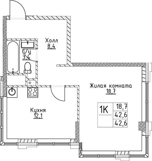 Планировка — VERY на Миклухо-Маклая, 1-комн., 43 м²
