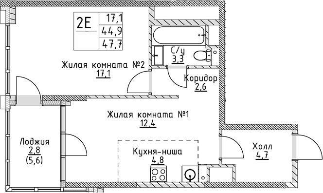 Планировка — VERY на Миклухо-Маклая, 2-комн., 45 м²