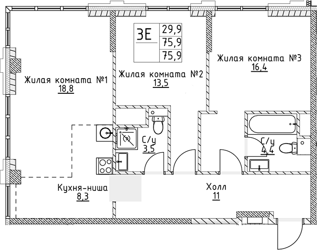 Планировка — VERY на Миклухо-Маклая, 3-комн., 76 м²