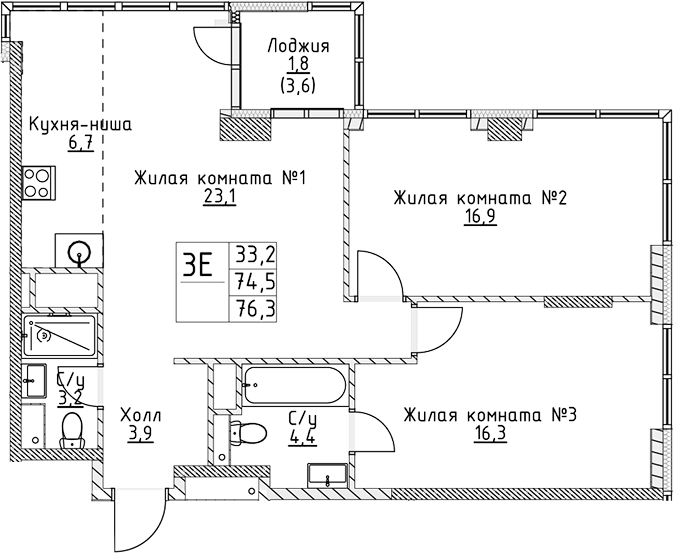 Планировка — VERY на Миклухо-Маклая, 3-комн., 75 м²