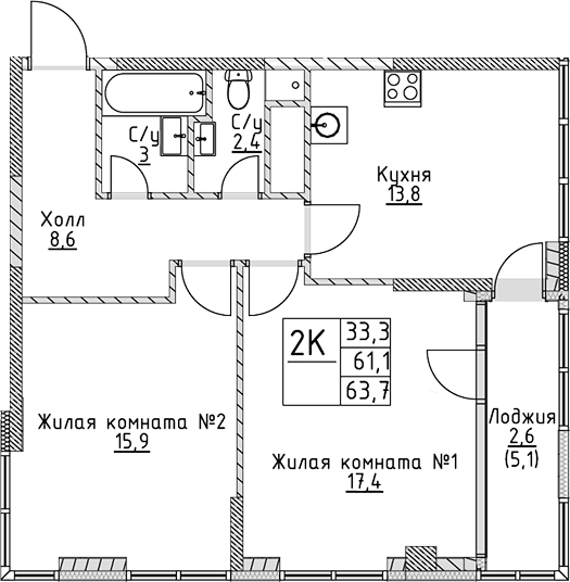 Планировка — VERY на Миклухо-Маклая, 2-комн., 61 м²