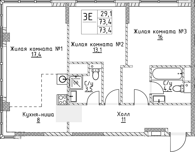 Планировка — VERY на Миклухо-Маклая, 3-комн., 73 м²