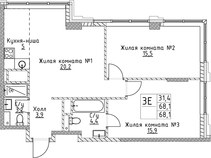 Планировка — VERY на Миклухо-Маклая, 3-комн., 68 м²