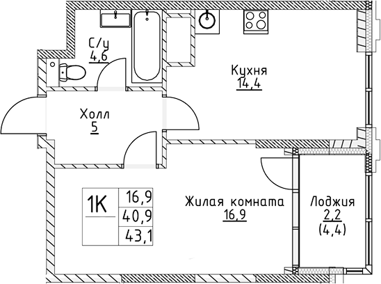 Планировка — VERY на Миклухо-Маклая, 1-комн., 41 м²