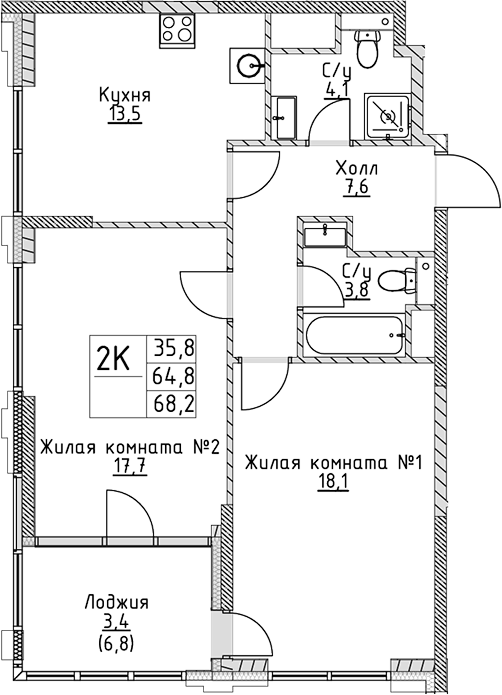 Планировка — VERY на Миклухо-Маклая, 2-комн., 65 м²