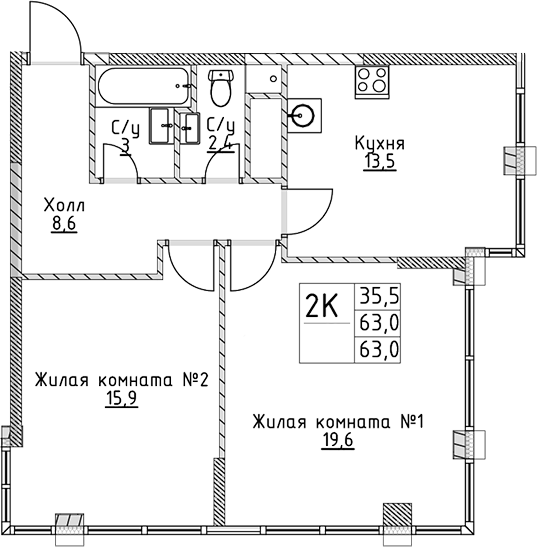 Планировка — VERY на Миклухо-Маклая, 2-комн., 63 м²