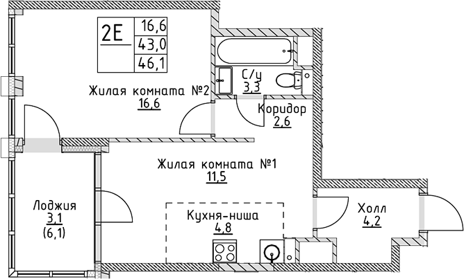 Планировка — VERY на Миклухо-Маклая, 2-комн., 43 м²