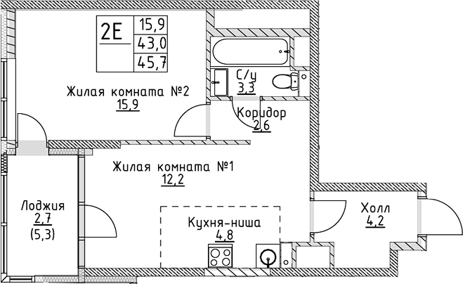 Планировка — VERY на Миклухо-Маклая, 2-комн., 43 м²