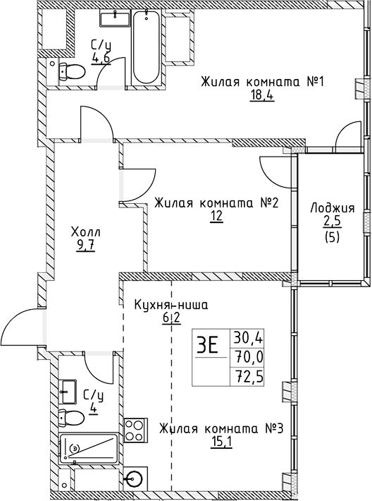 Планировка — VERY на Миклухо-Маклая, 3-комн., 70 м²