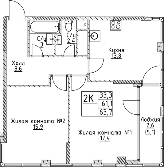 Планировка — VERY на Миклухо-Маклая, 2-комн., 61 м²