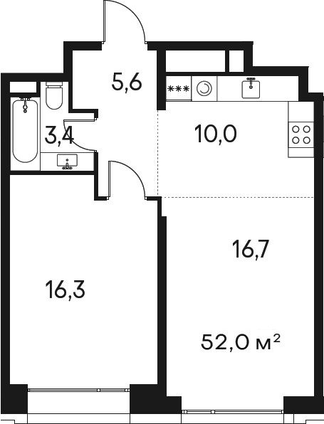 Планировка — Клубный город на реке Primavera, 2-комн., 52 м²
