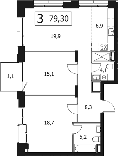 Планировка — Клубный город на реке Primavera, 3-комн., 78 м²
