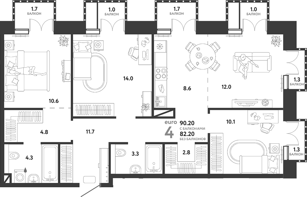 Планировка — Страна.Озерная, 4-комн., 82 м²