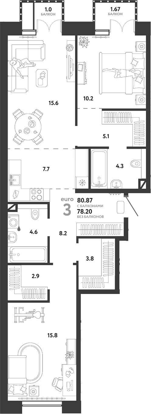 Планировка — Страна.Озерная, 3-комн., 78 м²