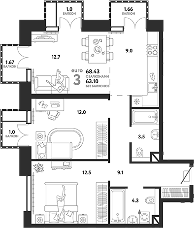 Планировка — Страна.Озерная, 3-комн., 63 м²