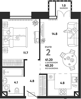 Планировка — Страна.Озерная, 2-комн., 40 м²