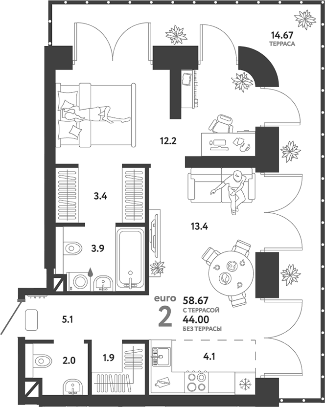 Планировка — Страна.Озерная, 2-комн., 44 м²