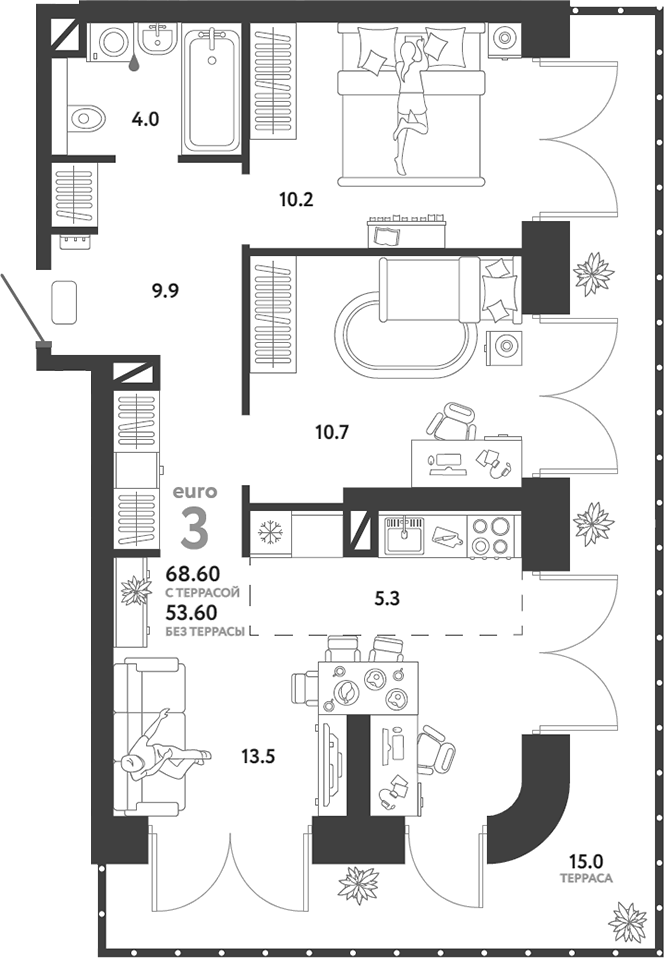 Планировка — Страна.Озерная, 3-комн., 54 м²