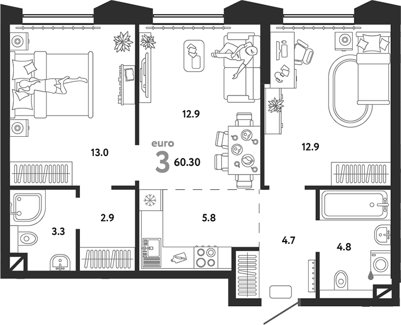 Планировка — Страна.Озерная, 3-комн., 60 м²