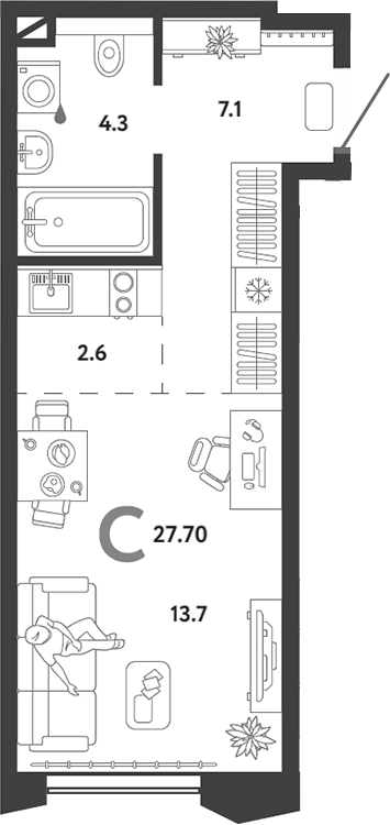 Планировка — Страна.Озерная, Студия, 28 м²