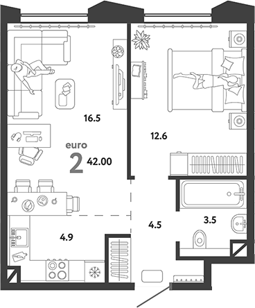 Планировка — Страна.Озерная, 2-комн., 42 м²