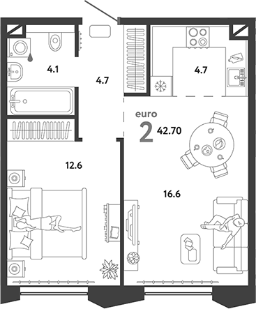 Планировка — Страна.Озерная, 2-комн., 43 м²