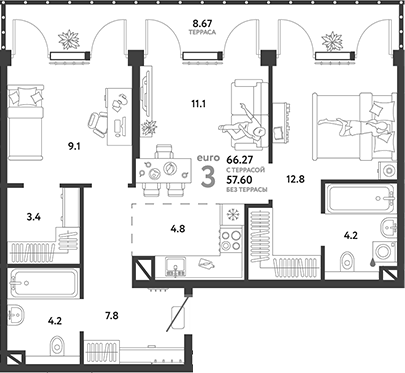 Планировка — Страна.Озерная, 3-комн., 58 м²