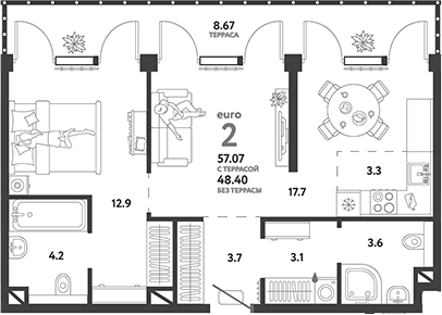 Планировка — Страна.Озерная, 2-комн., 48 м²