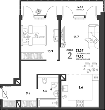Планировка — Страна.Озерная, 2-комн., 48 м²