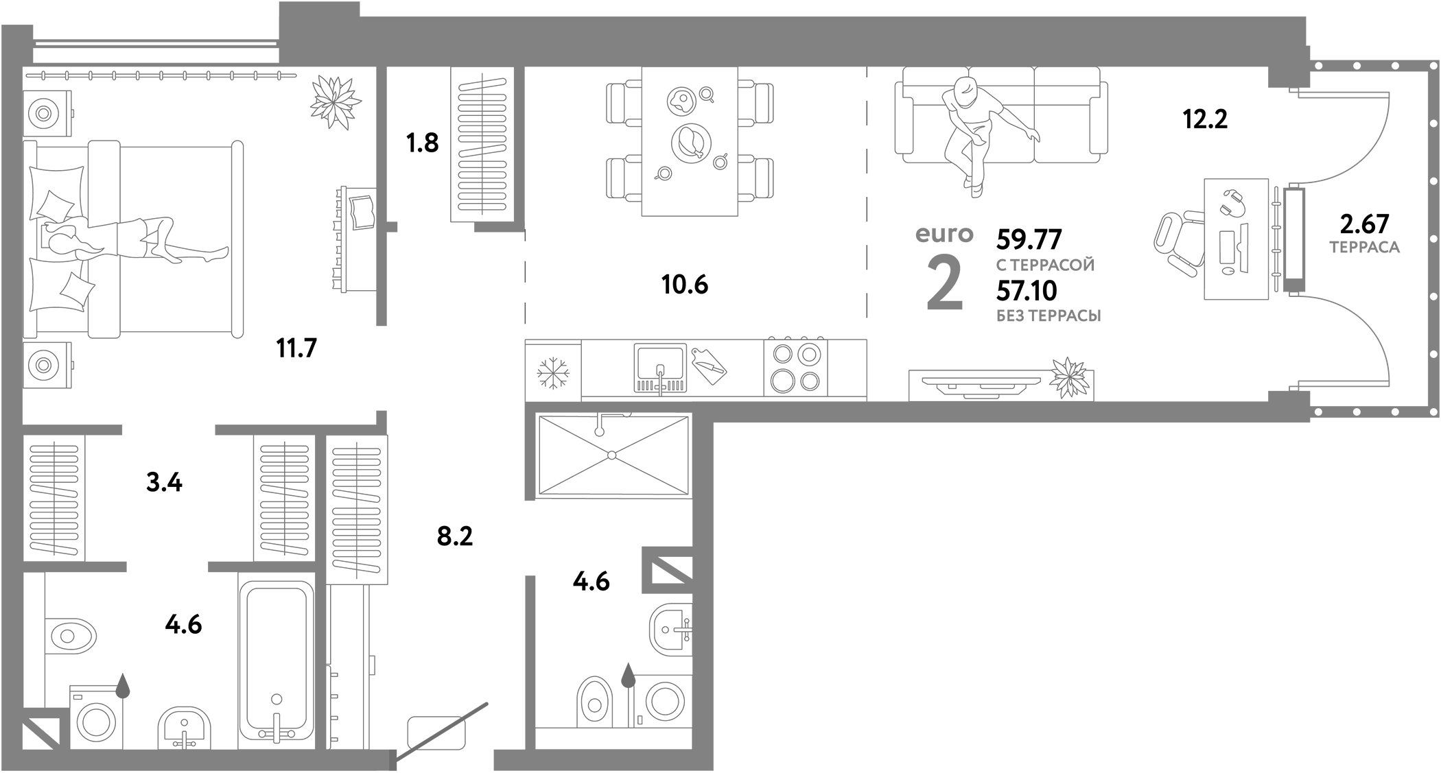 Планировка — Страна.Озерная, 2-комн., 60 м²