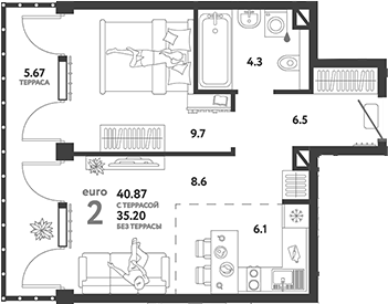 Планировка — Страна.Озерная, 2-комн., 35 м²
