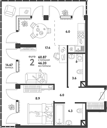 Планировка — Страна.Озерная, 2-комн., 46 м²