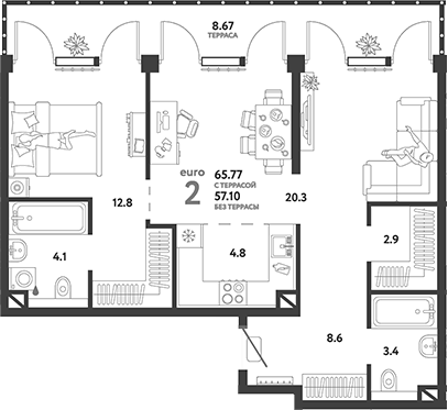 Планировка — Страна.Озерная, 2-комн., 57 м²