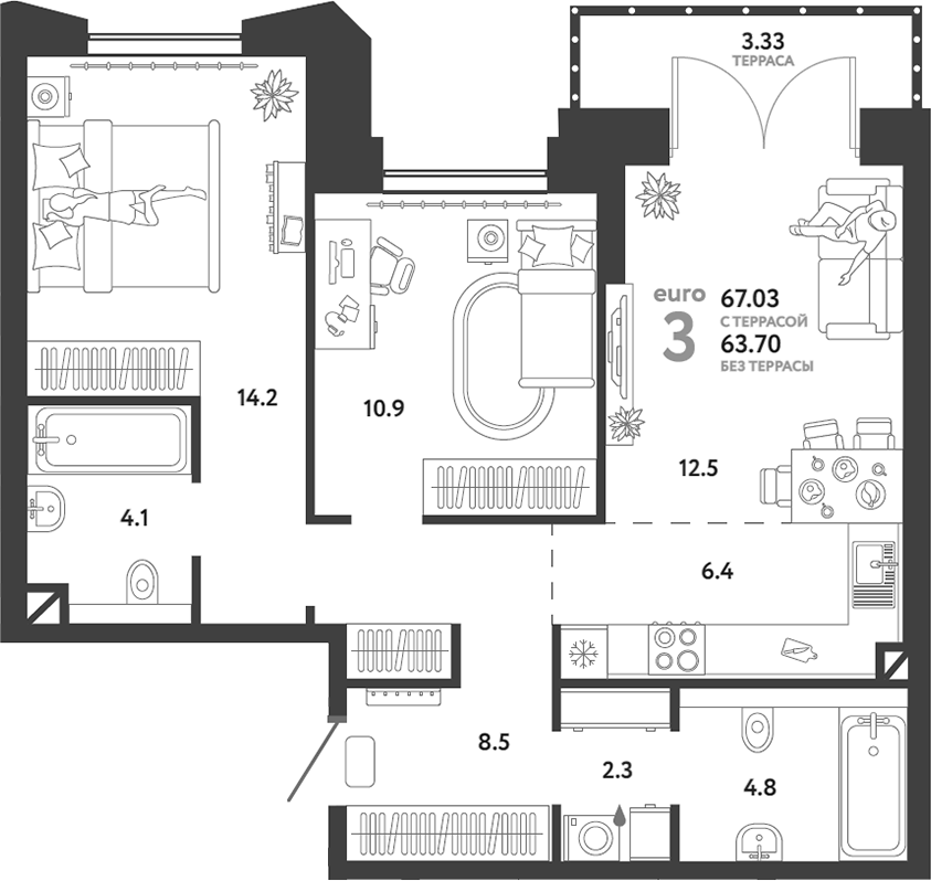 Планировка — Страна.Озерная, 3-комн., 64 м²