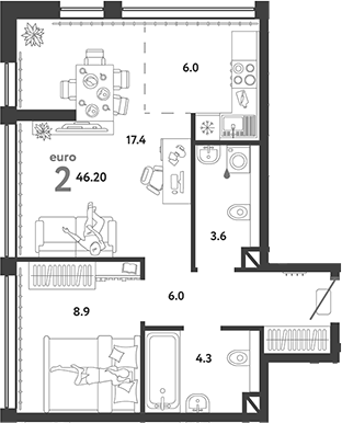Планировка — Страна.Озерная, 2-комн., 46 м²