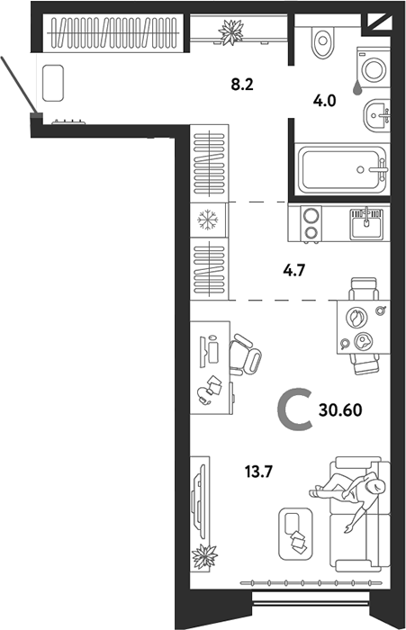 Планировка — Страна.Озерная, Студия, 31 м²